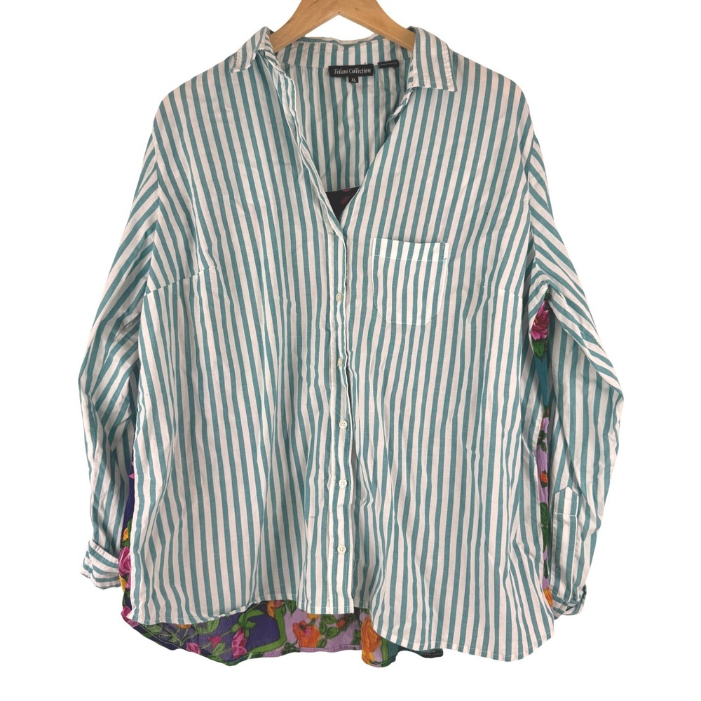 Tolani Collection XL Striped Floral Patchwork Mixed Media‎ Button Down Shirt